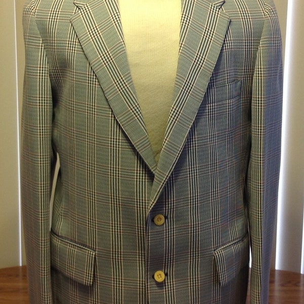 Vintage Cricketeer Mens Sport Coat Blazer Blue Windowpane Plaid Polyester 40L Rockabilly