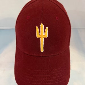 May include: A maroon baseball cap with a yellow and white embroidered trident logo.
