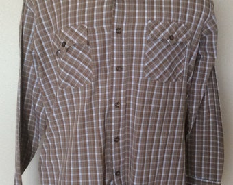 Kingsport Vintage Rockabilly Western Shirt Brown Check Cotton Blend Long Sleeve Size Large