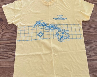 VTG Hawaii T Shirt Yellow Blue Chart Map Islands Single Stitch Stedman Mens XL