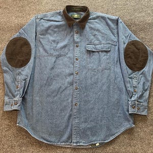 Vtg Orvis Denim Shooting Shirt Mens L Corduroy Collar Elbow Patches Hunting 90s