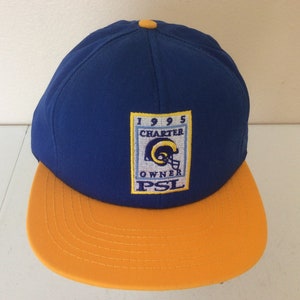 May include: A blue and yellow baseball cap with a patch that says "1995 Charter Owner PSL" and a Rams logo.
