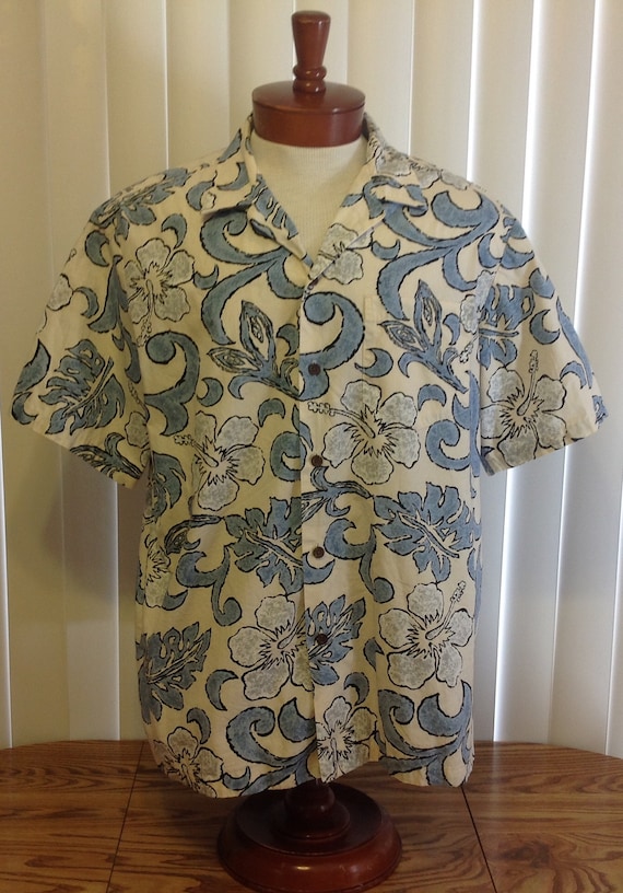 RJC Vintage Hawaiian Camp Shirt Ivory Blue Abstrac