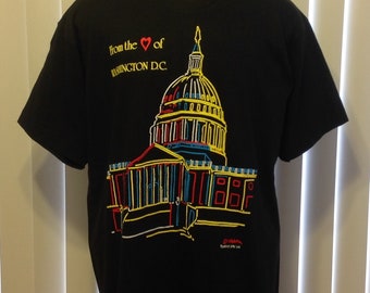 Vintage 90s Washington D.C. Graphic Tourist Novelty T Shirt Black Neon Single Stitch Cotton Fruit Of The Loom XL