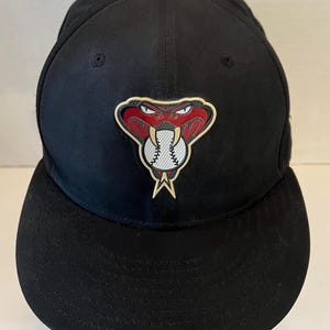May include: A black baseball cap featuring a centered embroidered emblem of a red snake with white fangs holding a white baseball with black stitching. The snake design is outlined in gold and black, set against the solid black fabric of the cap.