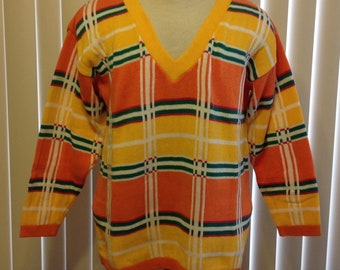 Clifford & Willis Vintage V Neck Pullover Oversized Sweater Bright Multicolor Plaid Size Large