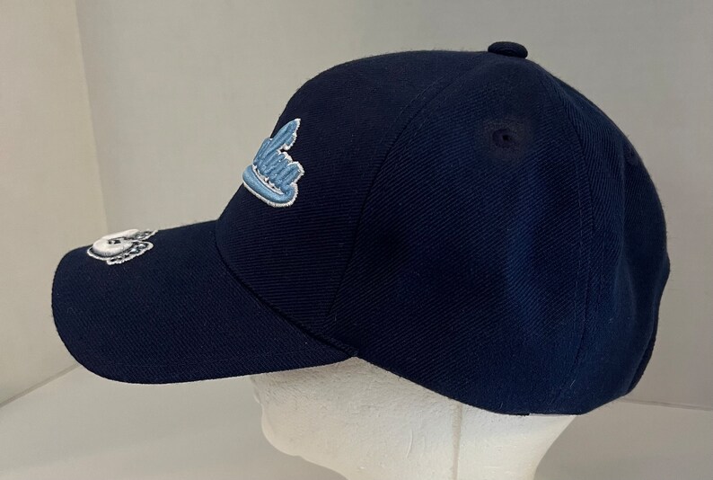 Pu&ograve; includere: Un cappello da baseball blu navy con un logo ricamato in blu chiaro e bianco che dice "California".