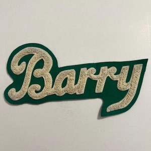 May include: A green felt patch featuring the name Barry embroidered in white script lettering. The patch has a thick, textured white thread outline that follows the cursive shape of the letters, set against a solid green background.