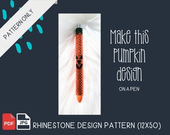Puede incluir: Un patrón de descarga digital para un diseño de calabaza que se aplicará a un bolígrafo con piedras de imitación. El patrón mide 30,5 cm por 127 cm. El patrón está disponible en formatos PDF y JPG.