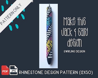 Puede incluir: Un bolígrafo negro con un diseño de pedrería en espiral en varios colores, incluyendo azul, amarillo, rosa y blanco. El texto en la imagen dice "Make this Jack & Sally design" y "Rhinestone Design Pattern (12x50)".