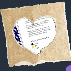 Puede incluir: Un primer plano de un agujero en forma de coraz&oacute;n en un trozo de papel marr&oacute;n, que revela un gr&aacute;fico con c&iacute;rculos azules, amarillos y blancos. El gr&aacute;fico muestra el n&uacute;mero de piedras utilizadas en un dise&ntilde;o de bol&iacute;grafo, con 255 piedras azules, 241 piedras amarillas y 104 piedras blancas. El texto "SS10 stone counts" tambi&eacute;n es visible.