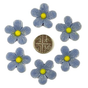 May include: Six pale blue flower embellishments with yellow centres are arranged around a five pence coin. The flowers have textured petals and a slightly distressed appearance. The coin is silver in colour and features the words "FIVE PENCE".