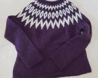 Icelandic sweater, made to order, Icelandic wool, Lopi, Lopapeysa, purple, Nordic, Fair Isle, white accent, handmade, wool sweater, knitting
