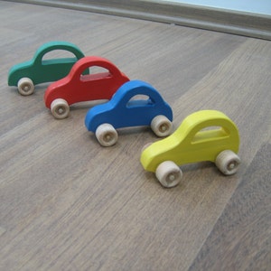 Wooden toy cars set of four blue, green, red, yellow image 1
