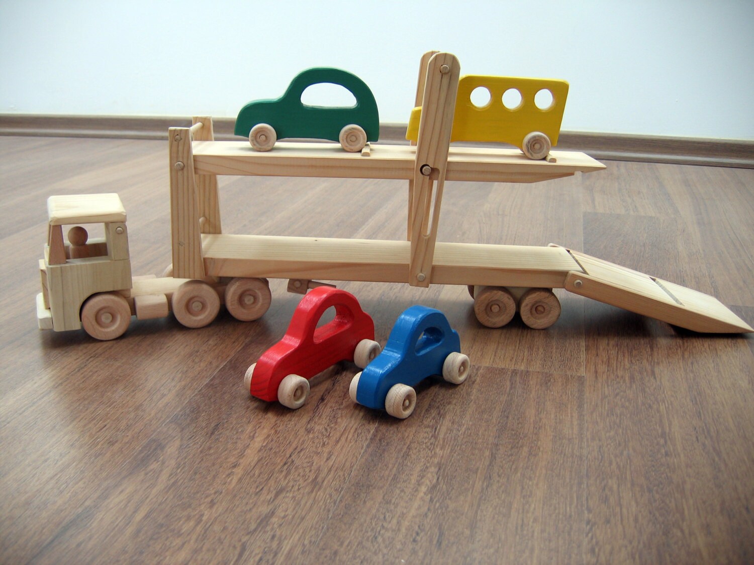 Hailey the Car Hauler - a Wooden Toy Truck With Movable Ramps - Four ...