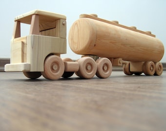 Tony the large tanker - a wooden semi-trailer toy truck, flat nose cabin with a peg man