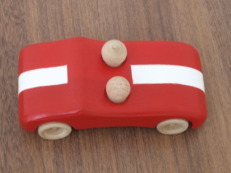 Handcrafted wooden toy red car with white stripe pretend play car toy with two peg people image 4