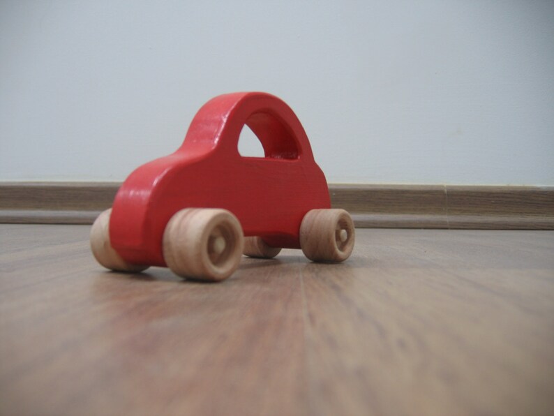 Wooden toy cars set of four blue, green, red, yellow image 2