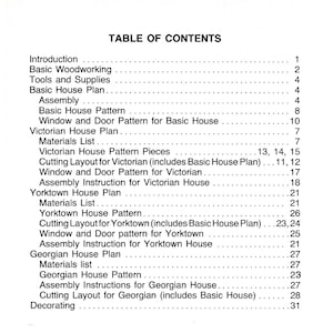 May include: Table of Contents for a woodworking project. The table lists the steps for building a basic house, a Victorian house, a Yorktown house, and a Georgian house. Each step is numbered and includes the page number.