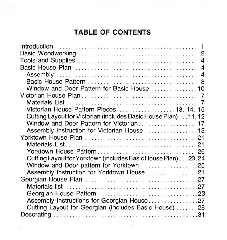May include: Table of Contents for a woodworking project. The table lists the steps for building a basic house, a Victorian house, a Yorktown house, and a Georgian house. Each step is numbered and includes the page number.