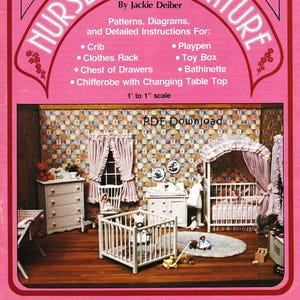 May include: A miniature nursery set featuring a white cot, a white changing table, a white chest of drawers, a white rocking chair, a white playpen, and a white rocking horse. The nursery is decorated with a pink and white checked wallpaper and a white rug. The set is 1 to 1 scale.