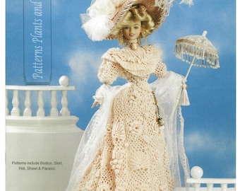 Schema all'uncinetto in formato PDF da scaricare Abito da spiaggia in pizzo irlandese del 1904 Abito da bambola alla moda da 11 1/2" Abito vintage con parasole di perline Costume da bambola modello