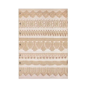 May include: A collection of seven different crochet lace trims in a light beige color. Each trim features a unique pattern, including geometric shapes, floral designs, and scalloped edges. The trims are displayed on a light pink background.