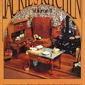 May include: A miniature kitchen set with a wood-burning stove, a cabinet, a table, and a settle. The set is made of wood and painted in a rustic style. The set is 1 inch to 1 foot scale and is scaled to authentic detail. The set is from Jackie's Kitchen, Volume II.  Craft Publications.