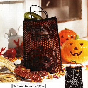 May include: A black crocheted Halloween trick-or-treat bag with a jack-o'-lantern design. The bag is filled with an orange object and has a handle. The image also shows two ceramic jack-o'-lanterns and a small black bag with a spiderweb design.
