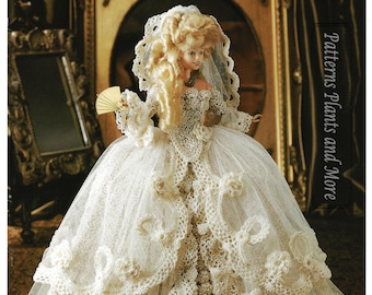 Häkelanleitung PDF download Braut Brautkleid 1785 Old World Fashion doll 11 1/2" vintage Lace Veil Doll dress pattern