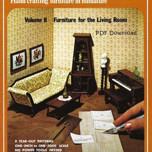 May include: A vintage book cover for a miniature furniture crafting project. The cover features a living room scene with a sofa, coffee table, and a cabinet. The title is "Diminutiques" by Jean Dickey. The subtitle is "Hand crafting furniture in miniature". The book is Volume II, "Furniture for the Living Room".