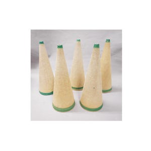 May include: Five conical spools made of a textured, light beige material. Each spool features a distinct green band at the base and a matching green tip at the top. The spools are arranged in a group, displaying their uniform shape and woven surface.