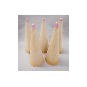 May include: Five beige cone-shaped incense burners with pink tips and a light brown base. The incense burners are arranged in a cluster, with the tips pointing upwards. The cones have a textured surface.