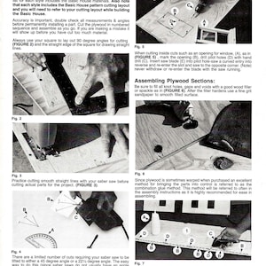 May include: A guide to woodworking and construction, featuring illustrations of how to cut plywood using a saber saw, drill pilot holes, and assemble plywood sections using a combination glue method. The guide includes diagrams and instructions for cutting angles, filling knot holes, and using a hot glue gun.