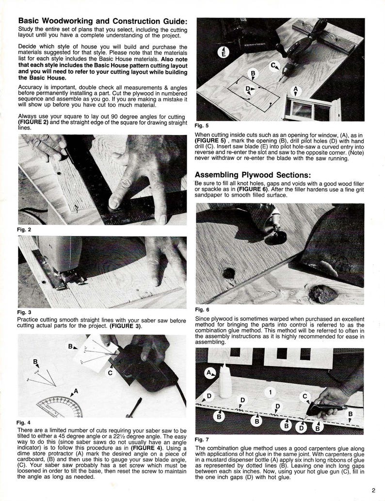May include: A guide to woodworking and construction, featuring illustrations of how to cut plywood using a saber saw, drill pilot holes, and assemble plywood sections using a combination glue method. The guide includes diagrams and instructions for cutting angles, filling knot holes, and using a hot glue gun.