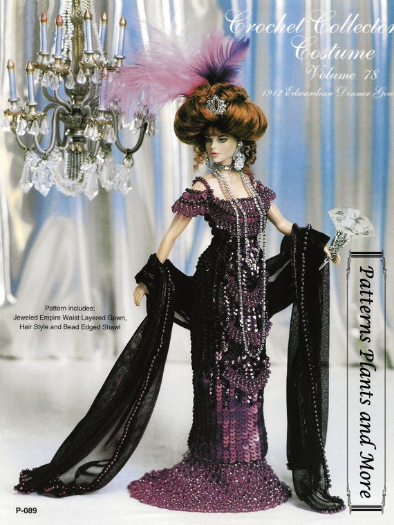 Crochet Pattern PDF Download Edwardian 1912 Gown Beads & Sequins Fashion Doll 11 1/2