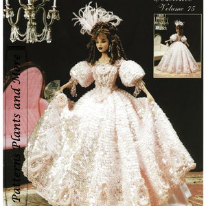 Crochet Pattern PDF download Engagement Bridal style Gown 1830 Fashion doll 11 1/2" gown vintage Beads Sequins Doll dress pattern