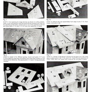 May include: A step-by-step guide for building a Victorian dollhouse facade. The instructions include diagrams and labels for each piece of wood needed for the project. The image shows the completed facade with a dormer window and a roof.