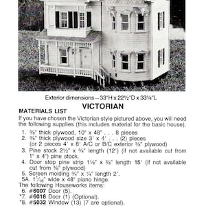 May include: A black and white image of a Victorian dollhouse with a materials list for building the house. The dollhouse is 33 inches tall, 22.5 inches deep, and 33.75 inches long. The materials list includes plywood, pine stock, door stop, screen molding, piano hinge, and Houseworks items like doors, windows, spindles, and shingles.