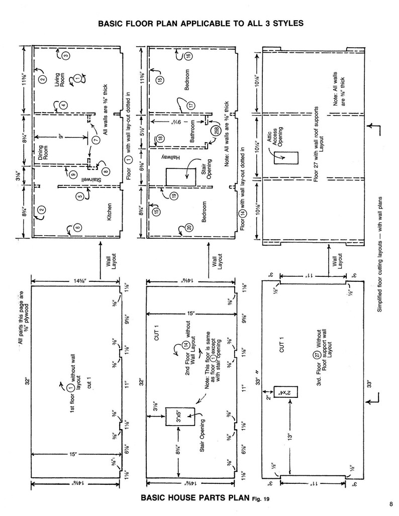 May include: A black and white diagram showing a basic house parts plan with measurements in inches. The diagram shows the layout of a house with different rooms, including a living room, dining room, kitchen, bathroom, bedroom, and hallway. The diagram also shows the location of the stairs and the attic access opening. The text "BASIC HOUSE PARTS PLAN" is at the bottom of the diagram.