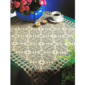 May include: A crocheted tablecloth with a floral pattern is displayed on a green table. A blue ceramic pot with pink flowers, a cup of coffee, and two small pastries are on the table. The tablecloth is beige.