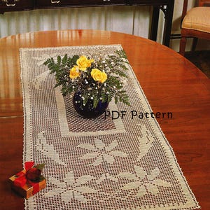 Filet Crochet Oblong Table Mat Doily Pattern - 44&quot; long - &quot;Flower Fantasia&quot; | Instant DIGITAL PDF DOWNLOAD |  1983 Heirloom style
