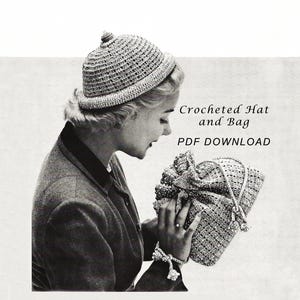 May include: Black and white image of a crocheted hat and bag. The hat is a cloche style with a small top detail. The bag is a drawstring style with a textured pattern and beaded accents. Text on the image reads "Crocheted Hat and Bag PDF DOWNLOAD."