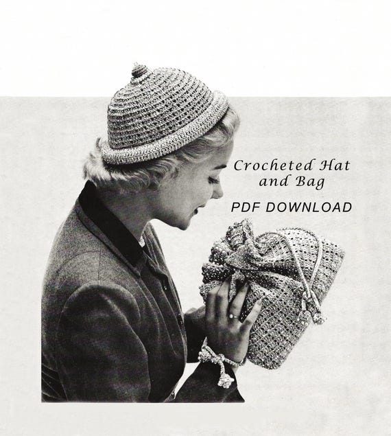 Vintage Crochet Crocheted Hat / Cap and Drawstring Bag  display picture 2