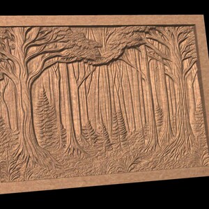 May include: A wooden wall art carving depicting a forest scene with tall trees and smaller trees in the foreground. The carving is detailed and realistic, with visible bark texture and leaves.
