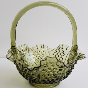 Vintage Fenton Olive Green Hobnail Basket: Ruffled Edge Glass Art