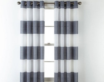 Indigo Blue Striped Sheer Curtain: Metallic Grommet Panel 50x84