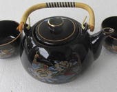 Vintage Black Color Ceramic Japanese Satsuma Tea Set for 3 Handpainted 24k Gold Finish Detailing Peacock In Garden, Japan