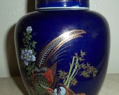 Vintage Cobalt Blue Japanese Satsuma Vase Peacock Bird In The Garden with Lid 24k Gold Finish Detailing, Japan