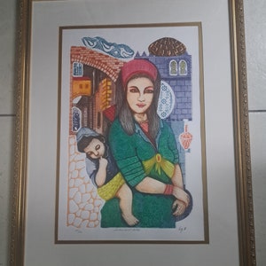 Edición limitada firmada Amram Ebgi &quot;Madre e hijo&quot; Lámina coloreada y en relieve 215/250 Intalgio Repujado Arte Judaica Enmarcado
